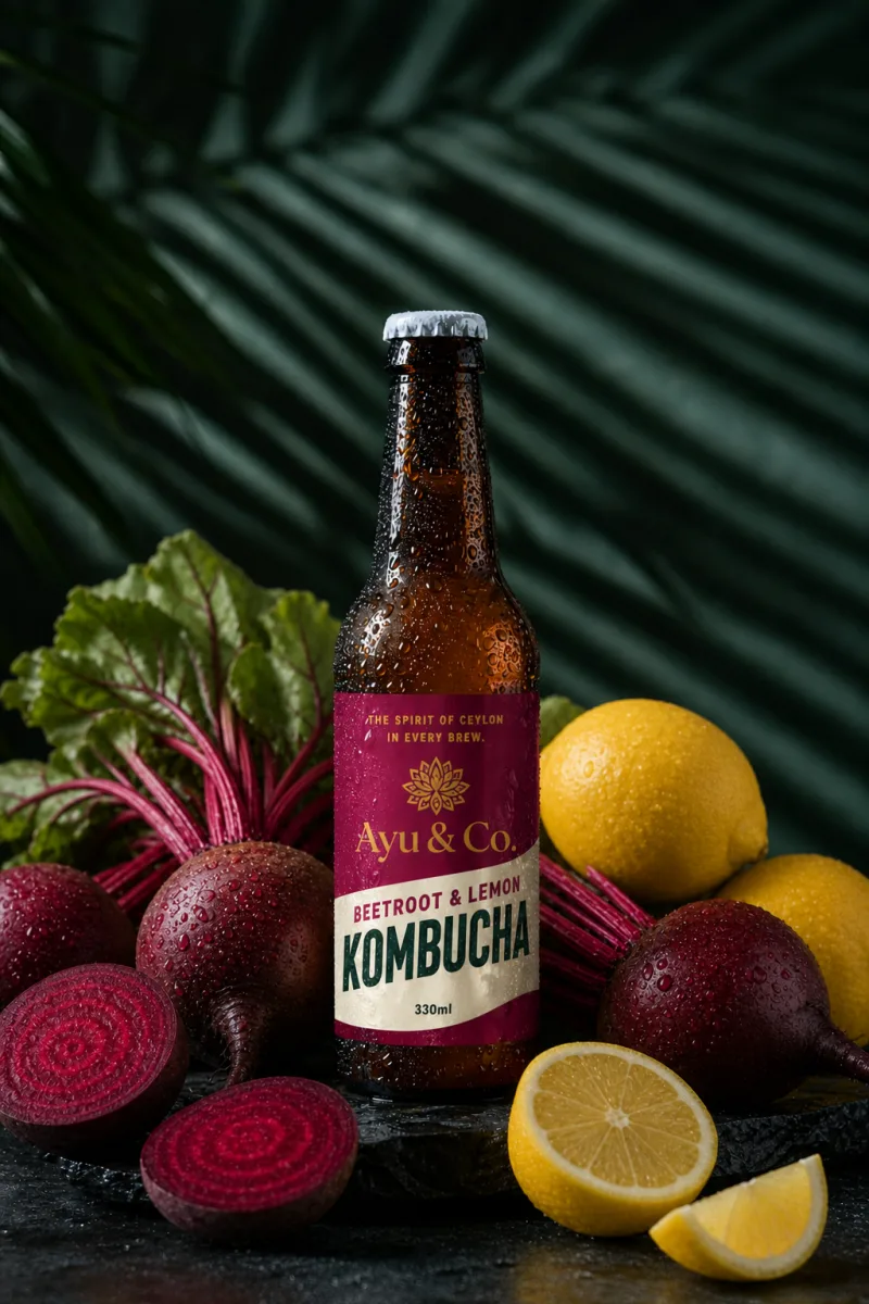Ayu & Co. Beetroot & Lemon Kombucha bottle surrounded by whole and halved beetroots and lemons