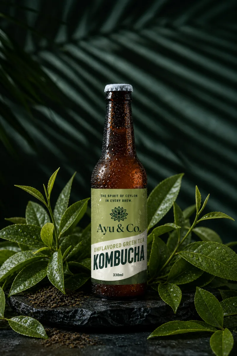 Ayu & Co. Unflavoured Green Tea Kombucha bottle on a slate plate with fresh Ceylon green tea leaves