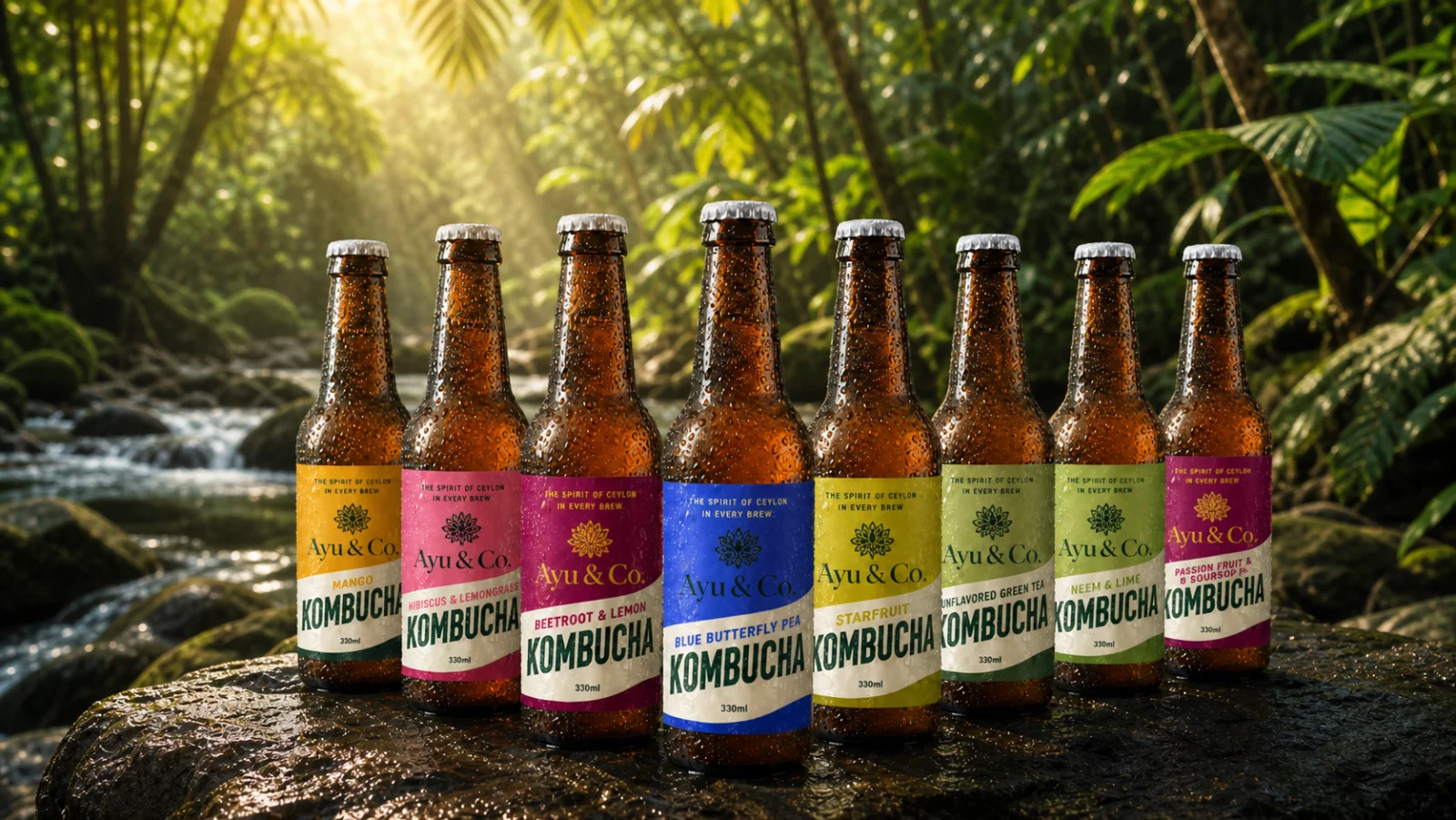The full Ayu & Co. Kombucha lineup of eight bottles lined up on a wet rock at sunset with palm trees and a Sri Lankan beach in the background