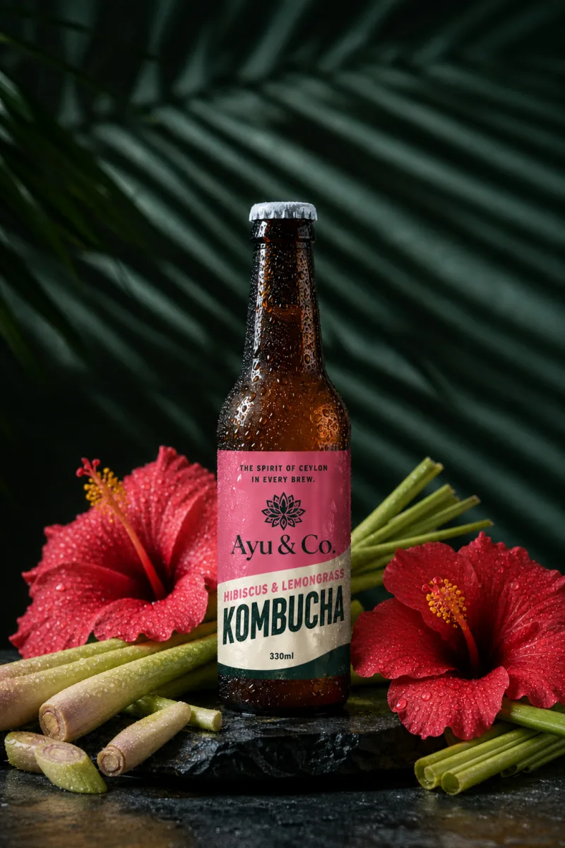 Ayu & Co. Hibiscus & Lemongrass Kombucha bottle surrounded by deep red hibiscus flowers and lemongrass stalks