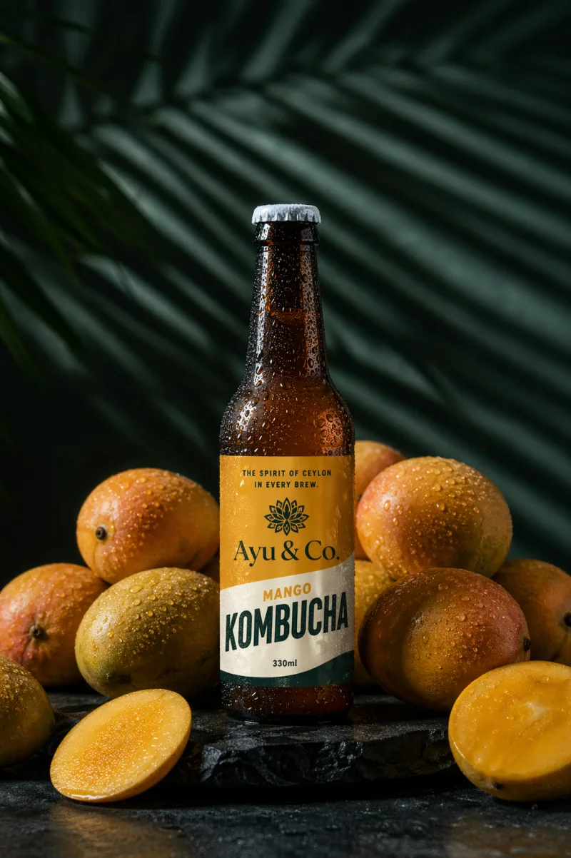 Ayu & Co. Mango Kombucha bottle surrounded by ripe whole and halved mangoes against a moody palm leaf backdrop