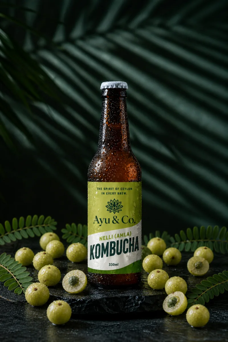 Ayu & Co. Nelli (Amla) Kombucha bottle surrounded by whole and halved bright green Ceylon nelli berries