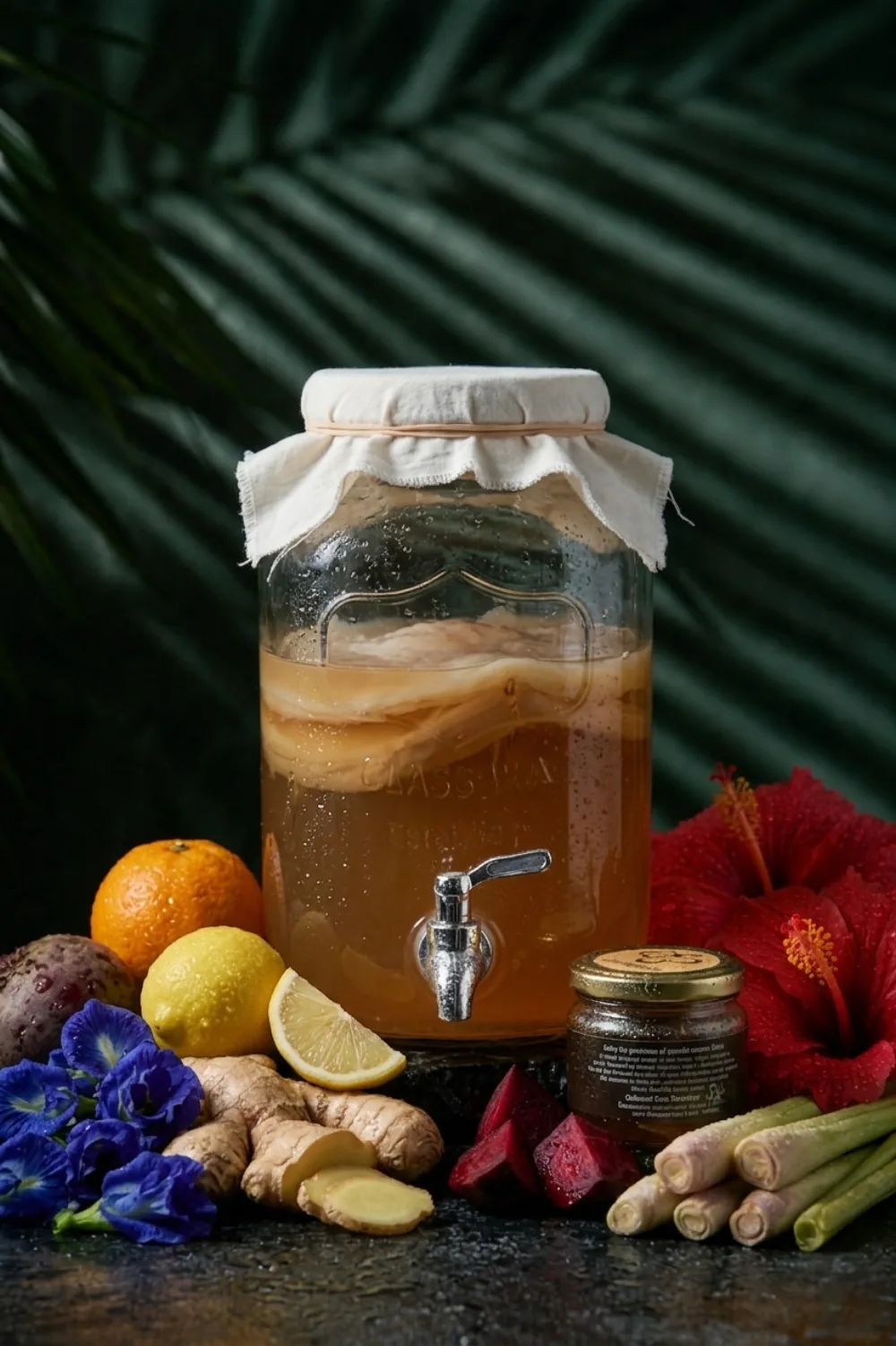 Glass kombucha brewing jar with SCOBY surrounded by fresh ingredients