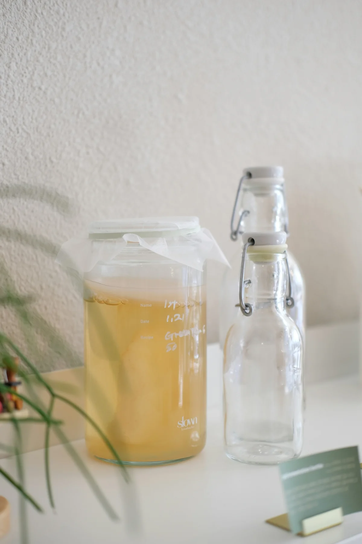 A hand pouring freshly brewed kombucha from a glass jar with a SCOBY visible inside
